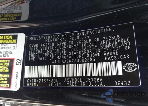 2025 Toyota Camry Se from USA, damaged, VIN 4T1DAACK7SU002885